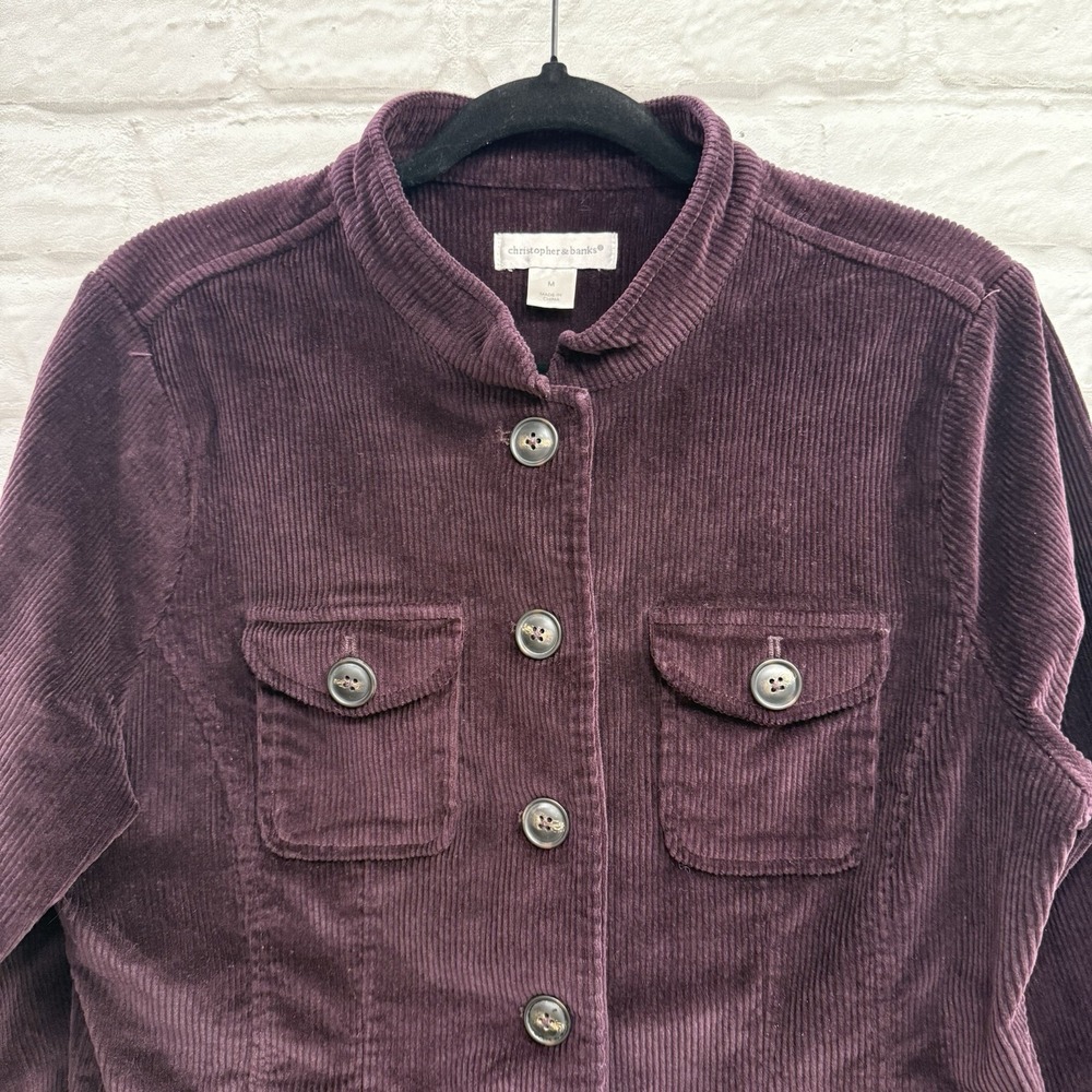 Christopher & Banks Corduroy Blazer Sz M Stretch Button Down Burgundy Jacket - Picture 3 of 16